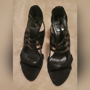 Christian Dior black patent leather suede pump peep Toe strappy heel.